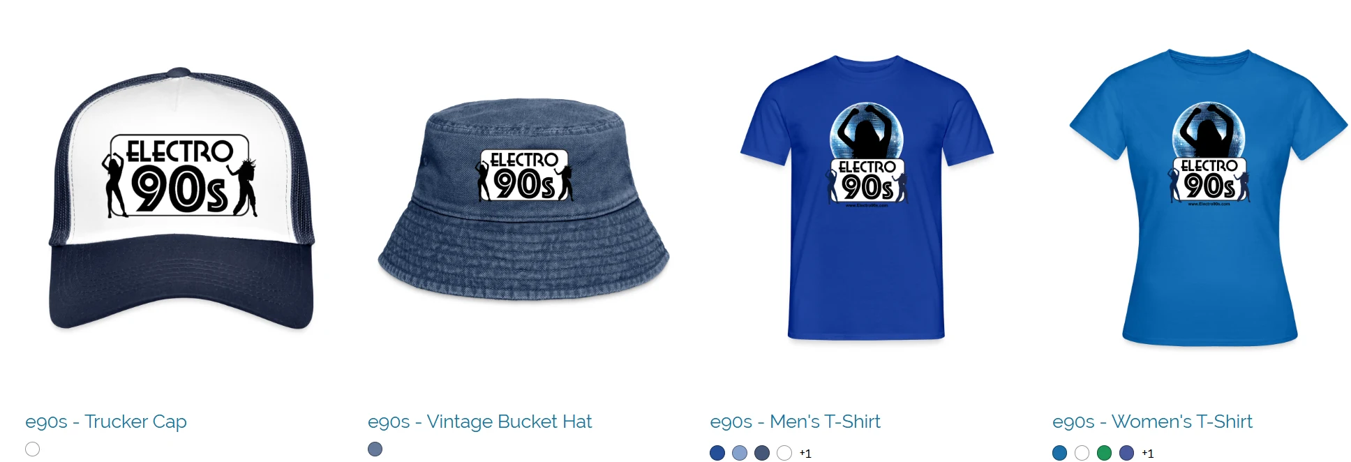 Electro 90s merchandise including trucker cap, bucket hat and T-shirts